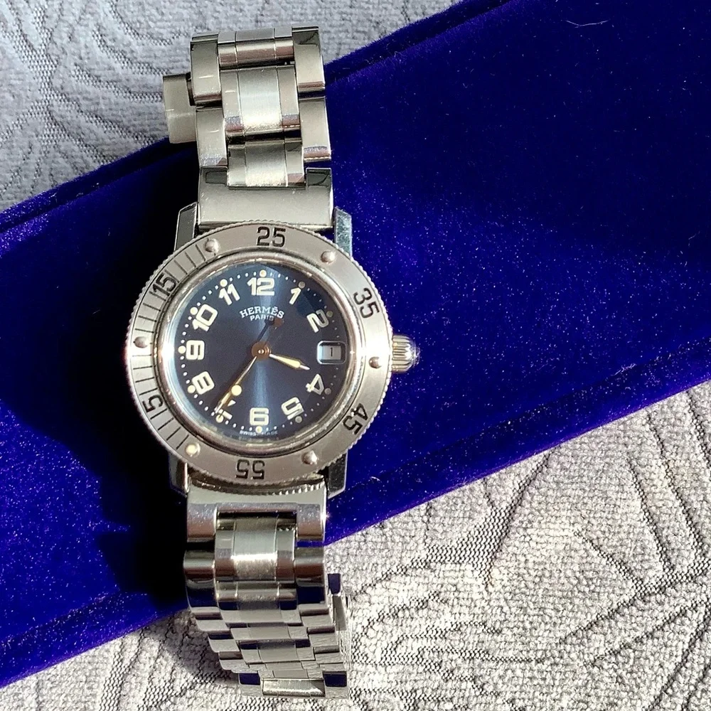 Hermes Silver Steel Bracelet Watch with Blue Dial